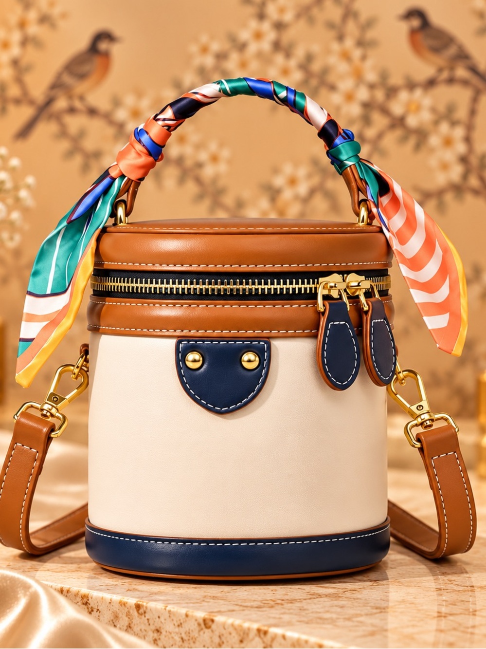 Colorblock Mini Cylinder Crossbody Bag | Top Handle Vanity Purse with Scarf